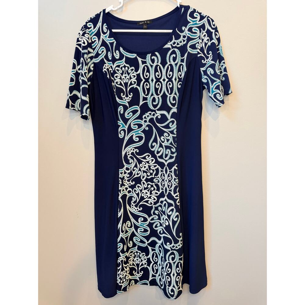 Sami & Jo Large Navy Blue Paisley Optical Illusion Contour Sheath Dress